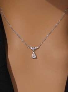 1pc S925 Sterling Silver Teardrop Shaped Gemstone Pendant Necklace, Showcases Elegant Charm, High Quality Jewelry, Suitable For Women's Daily, Party And Anniversary Outfits
