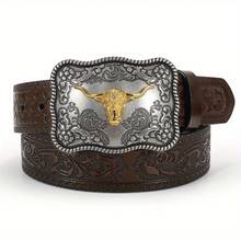SUOSDEY Mens Faux Leather Western Belt With Removable Buckle, Faux Leather Cowboy Belt For Jeans And Trousers - 咖啡棕 - 查看 1