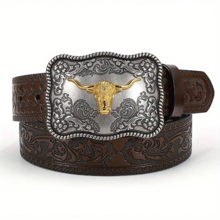SUOSDEY Mens Faux Leather Western Belt With Removable Buckle, Faux Leather Cowboy Belt For Jeans And Trousers - 咖啡棕 - 查看 1