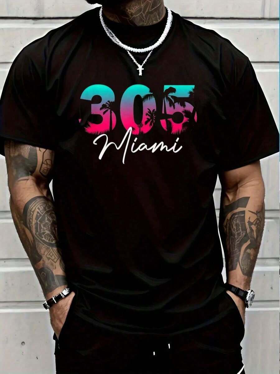 100% Cotton Casual Tshirt Retro Miami 305 Flamingo Colors T-Shirt Women's Men Graphic Tee - màu đen - Xem 1