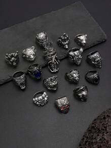 16pcs Punk Style Skull Gemstone Ring Set, Casual Everyday Wear For Men - Multicolor - View 3