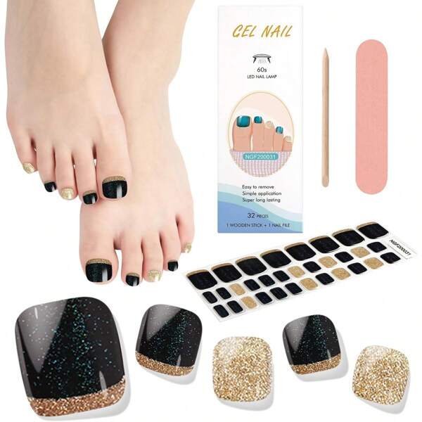 Black Gel Toe Nails Strips, Shiny Toe Nail Stickers, Long-Lasting Salon-Level Nail Care (Requires UV/LED Lamp)