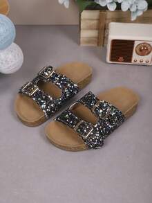 1 par de zapatillas con decoración de rhinestones brillantes antideslizantes para interiores/exteriores para niños y niñas - Negro - Ver 4