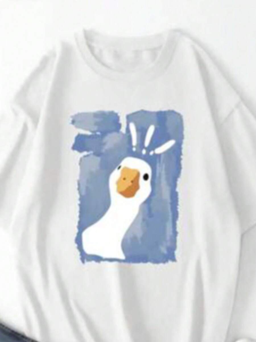 Camiseta holgada con gráfico de dibujos animados, blusas gráficas playeras para mujeres - Blanco - Ver 1