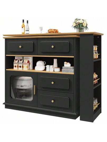 Sairedel Extendable Bar Tafel Storage Space (125 181*39*104.5cm), 360° Rotatable Dining Table, Moderne Movable High Kitchen Isl Bistro Sideboard Cabinet Shelves Glass, Zwart view 9