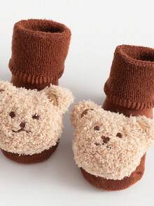 1 Pair Cute Cartoon Bear Baby Socks For 0-3 Years Old, Soft, Warm And Comfortable, Non-Slip Printed Sole, Casual Toddler Socks, Suitable For Beginners