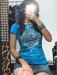 Grunge Shirts Emo Clothes Teen Girls Vintage Graphic Tee Y2k 2000s Goth Top Women Mcbling Short Sleeve StreetwearHalloween Christmas New Year 2026 - 白色黑色 - 查看 4
