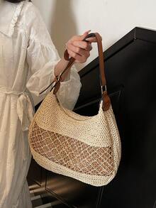 女士镂空单肩包可调节肩带草编旅行手提包时尚托特包女士夏季日常包女士草编沙滩包波西米亚镂空编织手提包大容量手提包PU单肩包斜挎托特包度假