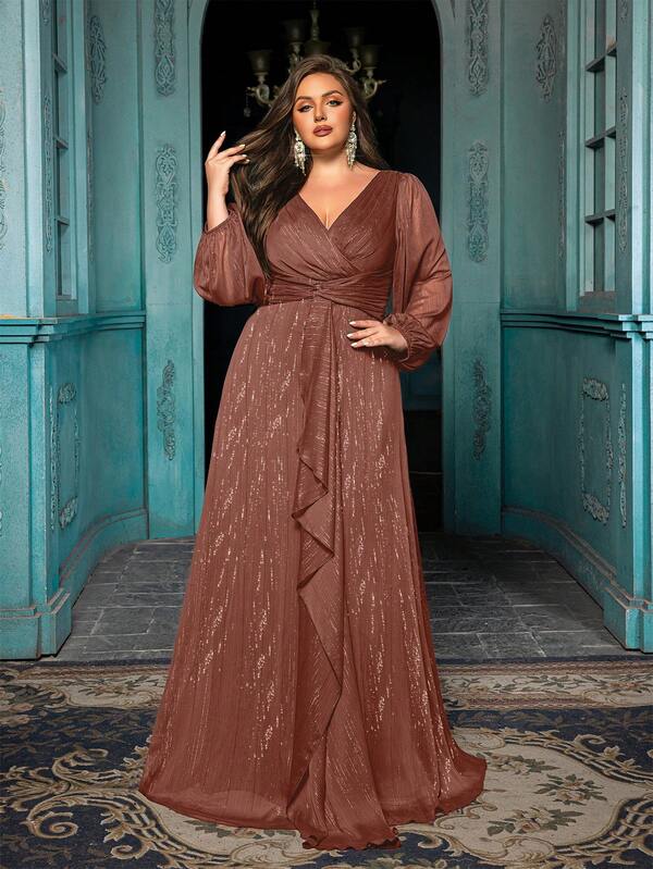 QOQ Premium Feeling Plus Size Party Evening Gown Elegant Women Long Sleeve Formal Dress For Cocktail Party, Galas, Dinner Party, Charity Prom