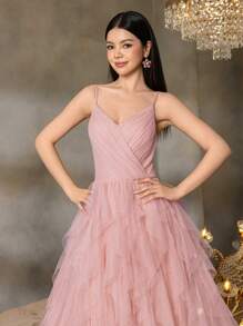Alisa&Leo Elegant Thin-Strap Teen Formal Gown With Structured Bustier & Multi-Layer Tulle A-Line Skirt – Timeless Design For Prom, Graduation Ceremonies, Homecoming Dances, Gala Dinners, And Pageant Events - Pink - View 6