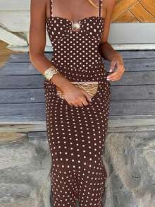 1pc Polka Dot Print Summer Sleeveless Dress, Suitable For Women's Beach Vacation Outfit On Valentine's Day, Elegant Party Wear - Brown - View 4
