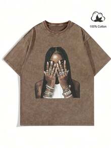 Graphic Tee  - Casual Loose-Fitting Washed Cotton 230G Pure Cotton T-Shirt For Women's Summer Wear   - Street Retro Distressed Style, Unisex Design - 咖啡棕 - 查看 2