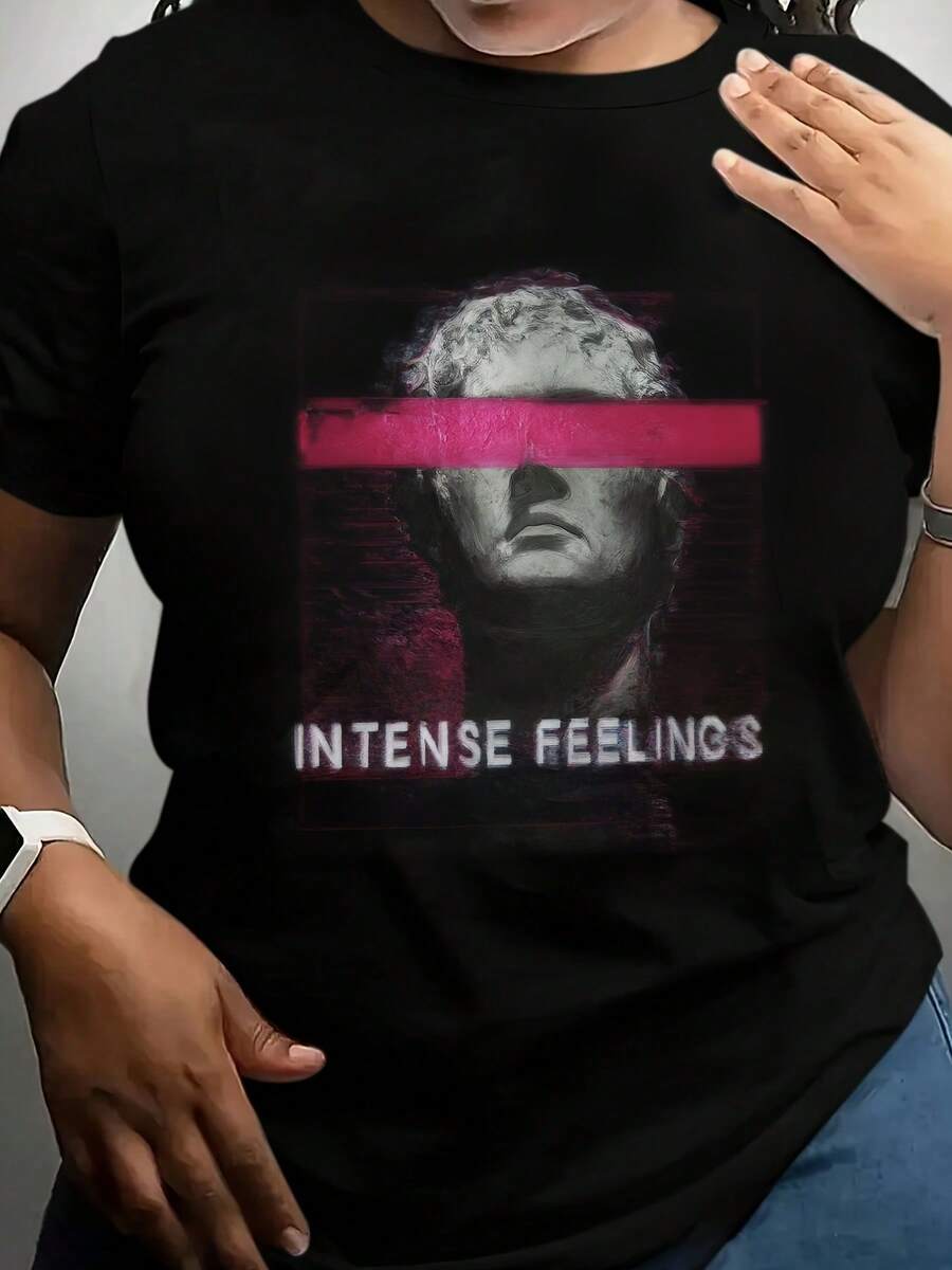 Intense Feelings Statue Graphic T-Shirt - Women's Casual Short Sleeve Crew Neck Tee, Soft Cotton Blend,  Aesthetic, Perfect For Everyday Wear, Grunge Style, Plus Size Available - Black - View 1