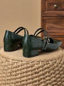 MonaNise 女士 3 厘米布质高跟鞋黑色玛丽珍厚底高跟鞋，时尚百搭 - 軍綠色 - 查看 6