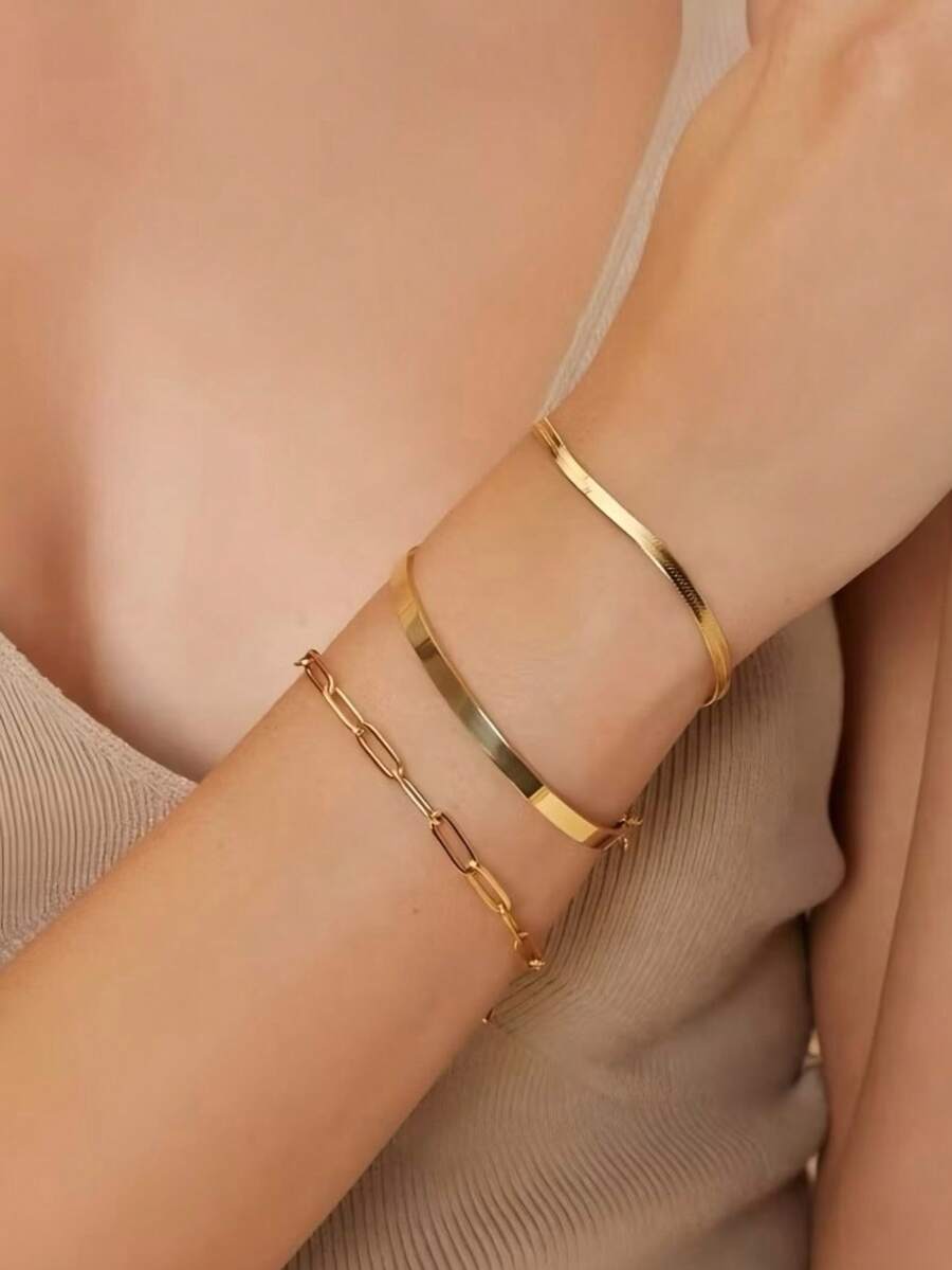 3 Pieces Minimalist Bracelet 925 Silver Plated 18K Gold - Gold - View 1