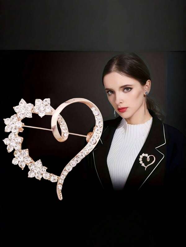 1pc Fashion Heart Crystal Flower Brooch, Minimalist Gold Tone Cardigan Pin For Women's Formal Wear