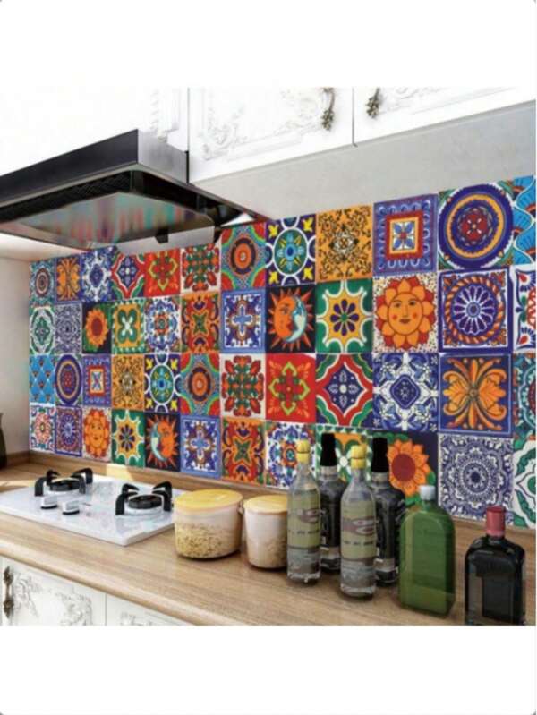 24pcs/Set Classic Backsplash Wall Art Sticker, Mexican Mosaic Wall Tile Pattern Removable Mural, Self-Adhesive Waterproof Peel-And-Stick Wallpaper For Kitchen, Bathroom, Home Decoration, Home Renovation