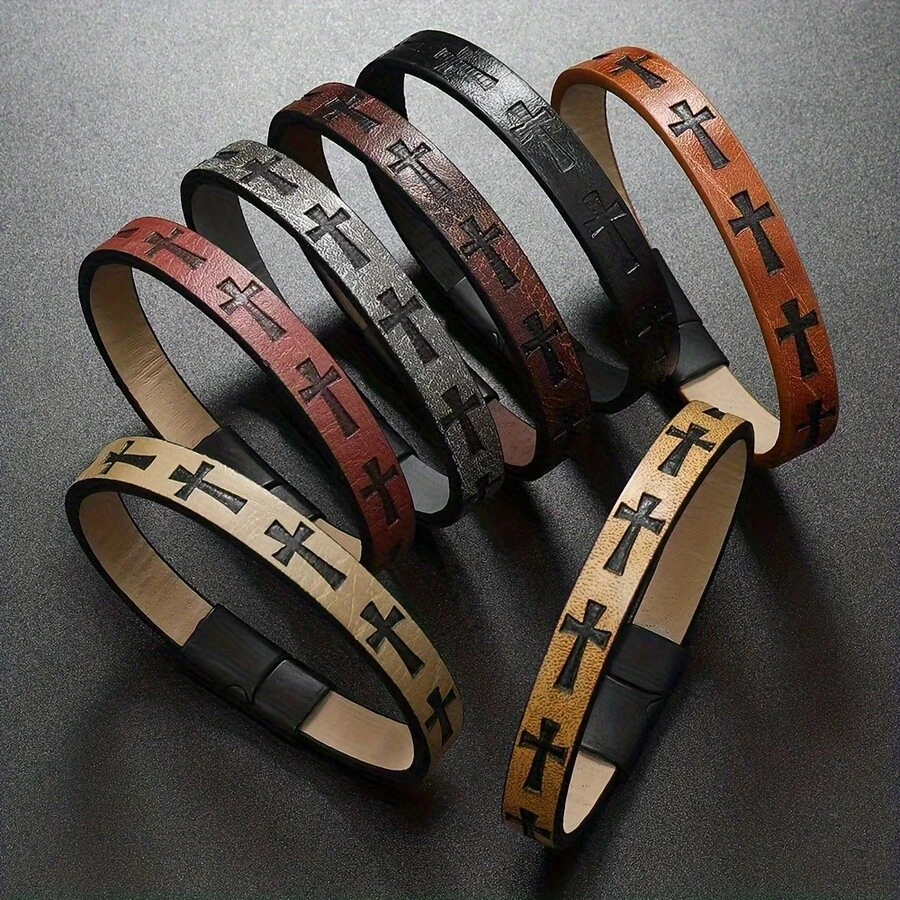 Men's Printed Cross Magnet Buckle Multi-Layer Simple Braided Bracelet - Cà phê - Xem 1