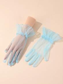 1 双浅蓝色优雅短款无指手套，适合女士晚间约会、歌剧、婚礼秋季配饰