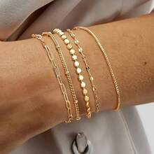 5pcs Boho Chic Multi-Layer Women'S Bracelet Set - Lightweight & Simple, Golden Tone Iron Bangles With Textured Design - Versatile Jewelry For Daily Wear & Special Occasion - Vàng - Xem 2