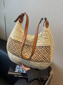 女士镂空单肩包可调节肩带草编旅行手提包时尚托特包女士夏季日常包女士草编沙滩包波西米亚镂空编织手提包大容量手提包PU单肩包斜挎托特包度假