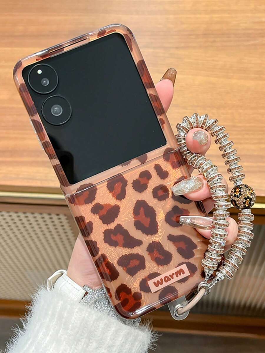 猎豹纹 1 件折叠屏幕锡箔豹纹软硅胶全包裹防震手机壳带腕带，款式可爱，因手机型号而异 - 卡其色 - 查看 1