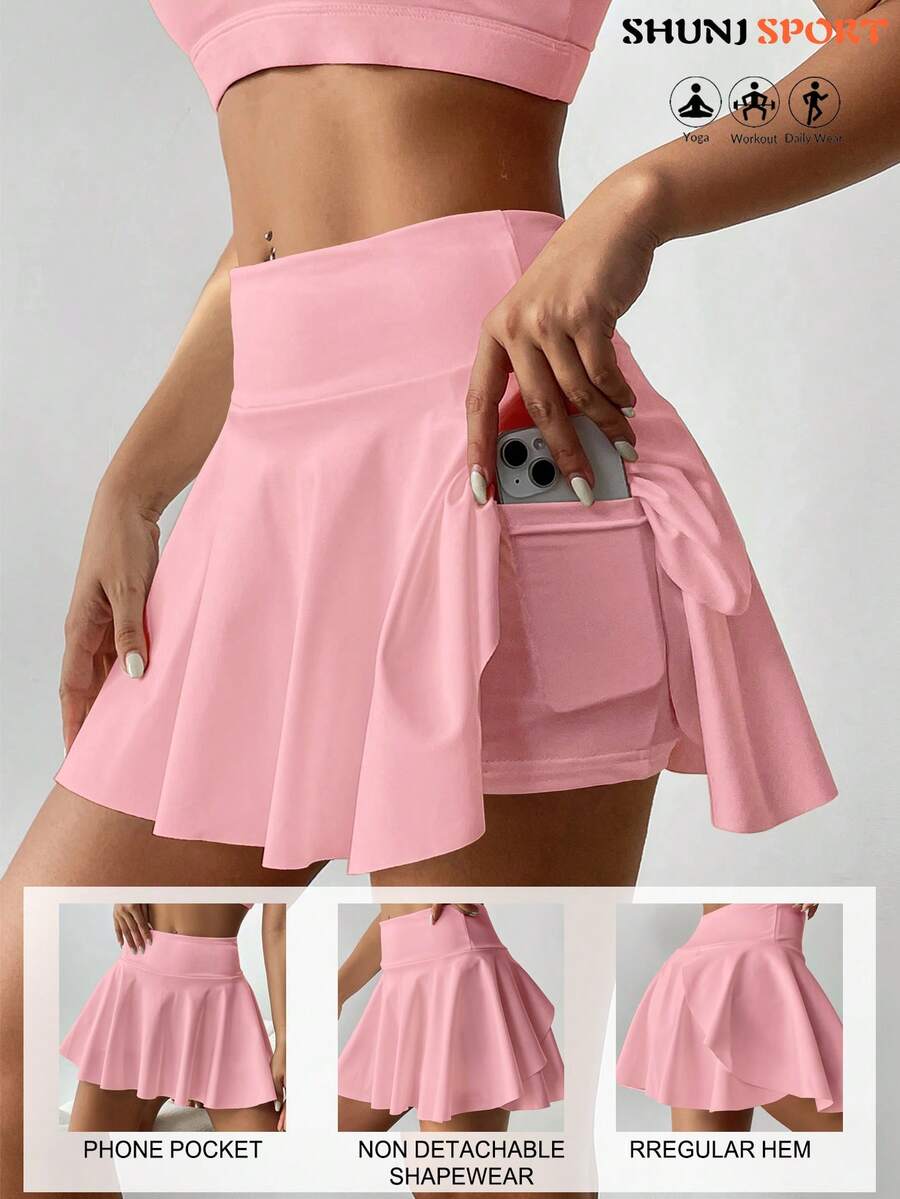 High Waist White Tennis Skort, 2 In 1 Anti-Flashing Golf/Badminton/Fitness Shorts Skirt With Pockets, Summer Sports Skirt Leggings For Yoga, Outdoor Running, New Women Clothing - Baby Pink - View 1