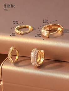 Hihho 2 对时尚方形立方氧化锆环状耳环，适合女性结婚周年纪念订婚派对珠宝、情人节、母亲节礼物 - 金黃色 - 查看 5