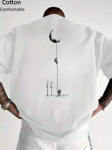 罗纹100%纯棉男女通用T恤，月亮和宇航员卡通图案，时尚舒适柔软，适合春夏及所有季节，男女通用短袖上衣 - 白色 - 查看 3