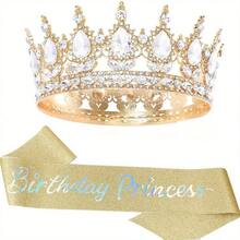 Perlengkapan Pesta Ulang Tahun Bling Rhinestones Mahkota Tiara Emas Selempang Putri Ulang Tahun untuk Wanita Aksesori Rambut Selamat Ulang Tahun Hadiah Prom Dekorasi - MultiWarna - View 14
