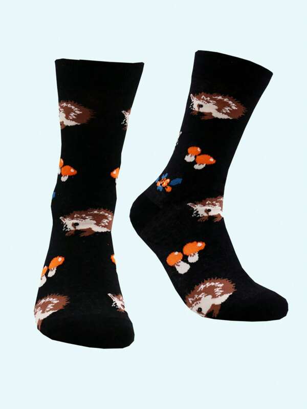 1 par de calcetines de media caña con gráficos de erizo para hombre, calcetines con estampado de animales