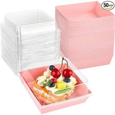 LINKOOL 20/50pcs Set Dessert Boxes With Clear Lids, Suitable For Cooked Food, Grease-Proof Kraft Paper, White/Pink Kraft Paper Baking Food Boxes, Perfect For Holding Macarons, Cakes, Sandwiches, Ideal For Weddings, Parties And Special Occasions