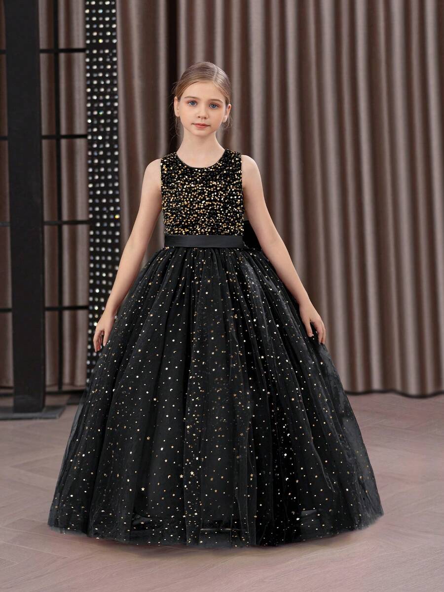 少女亮片3D蝴蝶结薄纱派对礼服，黑色优雅公主裙，适合女孩生日派对、舞会、婚礼、感恩节、毕业典礼等场合。 - 黑色 - 查看 1