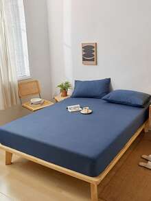 3 件深蓝色柔软舒适床上用品套装（1 张床单 + 2 个枕套），适合卧室和客房，四季皆宜