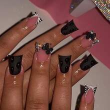 M24Pcs Black Duck Pr On Nails Short French Tip Fake Nails With 3D Rhinestones Design Cute Bow False Nails Diamond Glue On Nails Pink Acrylic Nails Handmade Nails Pr Ons For Women Manicure Kits8001 - màu đen - Xem 2
