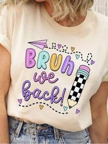 We Are Back With Back To Printed T-Shirt, Spring And Summer Round Neck Short Sleeved Women'S T-Shirt, Pure Breathable Casual Sports Top, Holiday Gift - Apricot - View 1