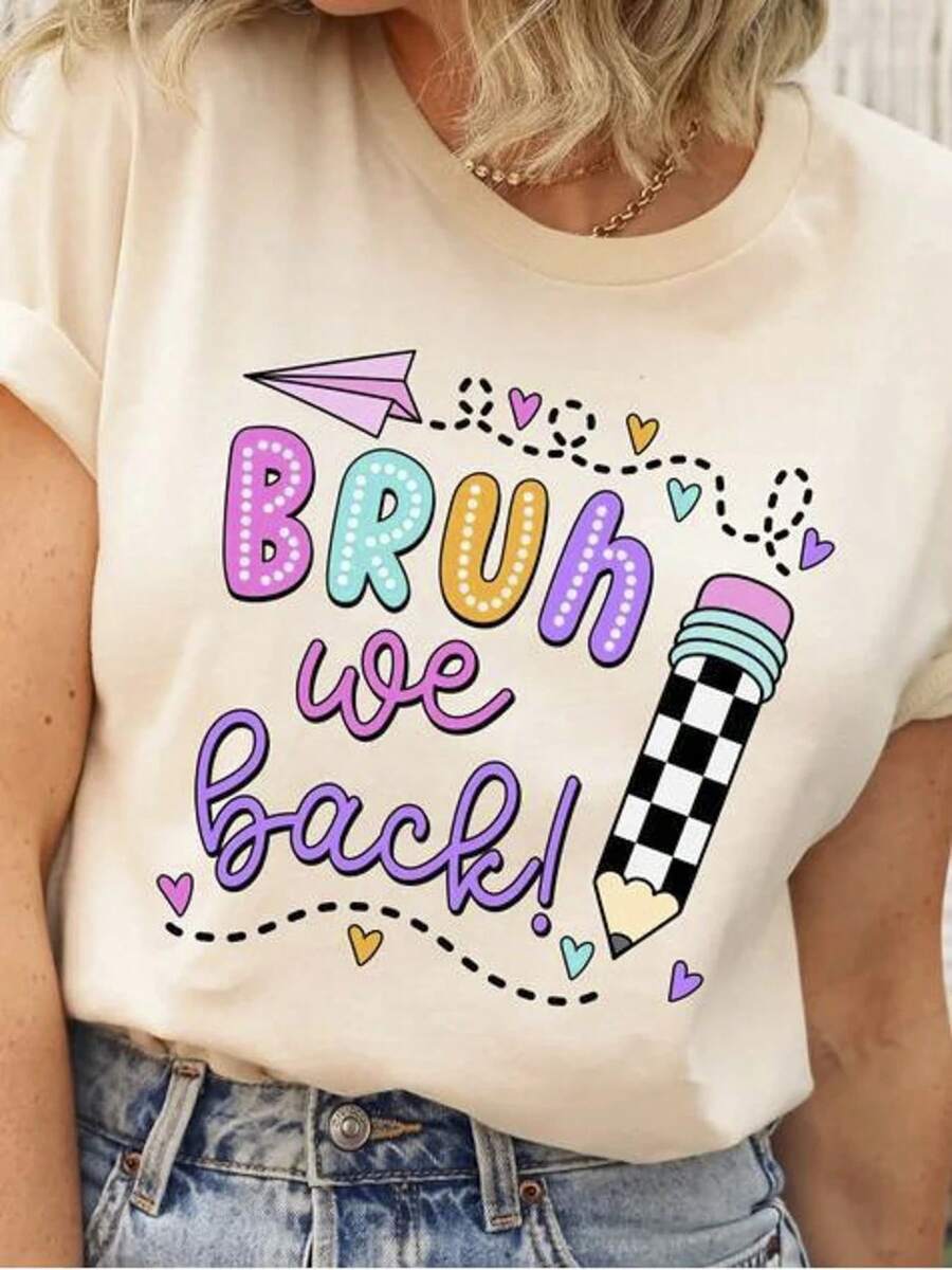 We Are Back With Back To Printed T-Shirt, Spring And Summer Round Neck Short Sleeved Women'S T-Shirt, Pure Breathable Casual Sports Top, Holiday Gift - Apricot - View 1