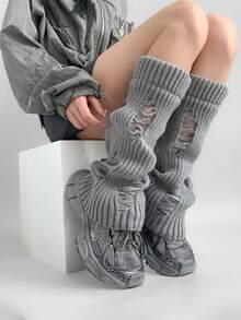 1双Y2K风格做旧针织腿套，加厚日系可爱风圆领腿套，白色/灰色/黑色女款腿套，百搭学生腿套 - 彩色 - 查看 5