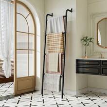 Blanket Ladder 4-Layer Towel Racks Wall-Leaning Blanket Holder Decorative Display Metal Ladder Shelf Stand For Livingroom Bathroom Bedroom - 黑色 - 查看 2