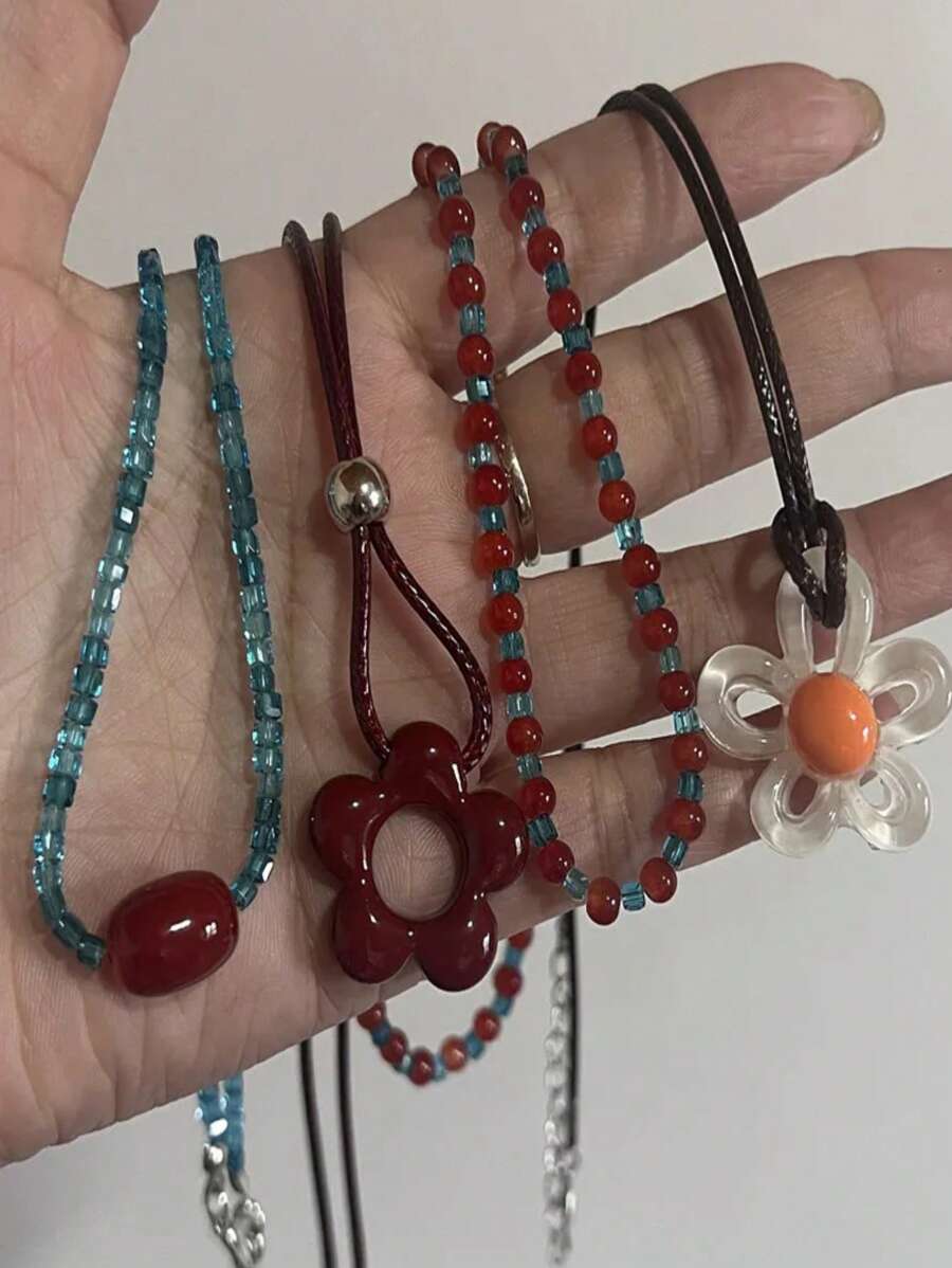 1 PC Delicate Flower Charm Necklace Hollow Flower Pendant Necklace With Adjustable Knot Resin Material Perfect For Wedding Dropship - Multicolor - View 1