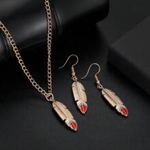 3Pcs Boho Feather Necklace Long Feather Pendant Necklace Chain Gold Silver Leaf Necklace Vintage Deck-Shaped Earrings Jewellery Set For Women And Girls