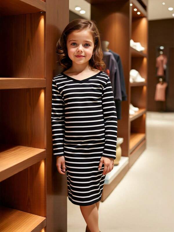 فستان خريفي للبنات، مخطط باللونين الأسود والأبيض، تصميم رقبة على شكل V مرن وجميل، ناعم وراحة