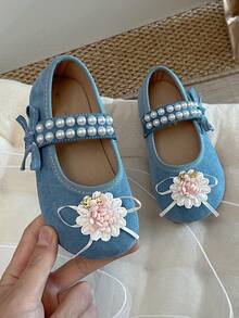 1 Pair New Summer Rhinestone Butterfly Pearl Floral Decor Suede Leather Lightweight Shallow Buckle Sweet Princess Style Little Leather Shoes, Suitable For Parties And Daily Outings - Blue - View 6