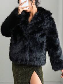 Faux Fur Fluffy Warm Long Sleeve Autumn/Winter Jacket - Black - View 4