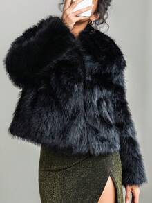 Faux Fur Fluffy Warm Long Sleeve Autumn/Winter Jacket - Black - View 3