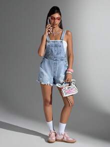 Jeanoix 女式口袋做旧休闲牛仔背带短裤 - 淺色水洗藍 - 查看 6