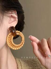 1 Pair Vintage Bamboo & Rattan Earrings, High-End Fashion Stud Earrings, Unique Beach-Style Jewelry