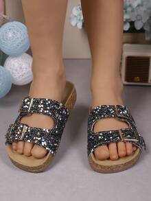 1 par de zapatillas con decoración de rhinestones brillantes antideslizantes para interiores/exteriores para niños y niñas - Negro - Ver 1