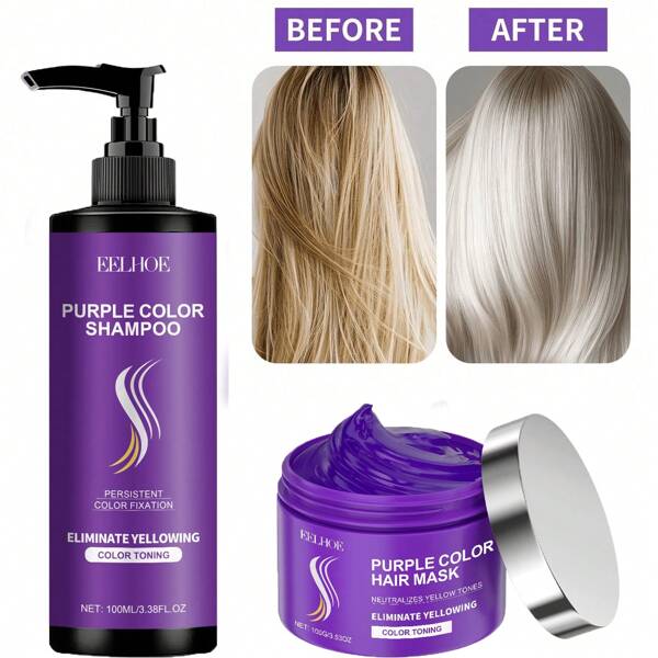 Set de champú y mascarilla de color morado de 100ml para rubias y canas, elimina el amarillo y fija el color, infundido con aceite de Cocos nucifera, repara, hidrata, limpia y nutre