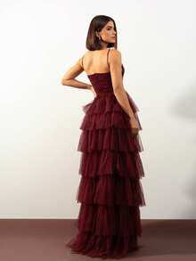 Luxurious Ruffled Dress For Bridesmaid/Graduation Wedding - 酒紅色 - 查看 2